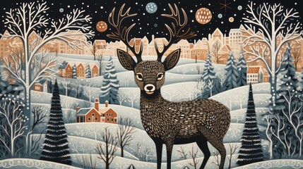 Poster -  a painting of a deer standing in front of a snowy landscape with houses and trees on the other side of the picture.