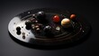  a solar system with eight planets on a black surface with a gold trim around the outer part of the plate.