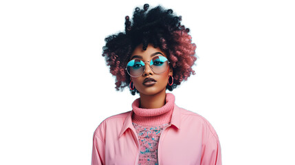 Fashion young African American girl black woman wear stylish pink eyeglasses and shirt.. Isolated on Transparent background.