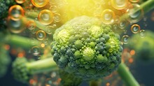  A Close Up Of A Broccoli Floret With Bubbles Of Water On The Top Of The Floret.