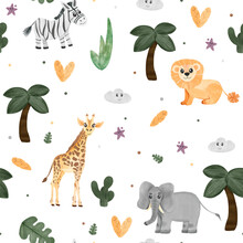 Cute Cartoon Baby Giraffe, Lion, Elephant And Zebra. Hand Draw Animals Seamless Pattern. Print On Textile, Posters, Bed Linen For Kids. Children Zoo Characters, Baby Animals Background. 