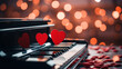 Twin hearts on piano keys with a bokeh light background, setting the scene for a Valentine's Day music playlist.