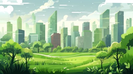 Sticker -  a painting of a cityscape with trees, grass, and bushes in front of a blue cloudy sky.