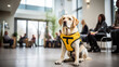 Photo of the Labrador retriever Guide dog in dog clothes and guide harness helps a disabled office worker in wheelchair in a modern office