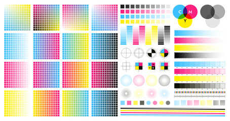 CMYK color marks. Color registration and adjustment marks for printing, prepress and screen printing. Vector CMYK tone palette isolated set of cmyk ink print illustration