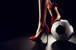 A soccer ball on which stands a female foot with a red heel close up on solid black background. ai generative