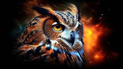 Poster -  a close up of an owl on a black background with a bright yellow eye and a flame in the background.