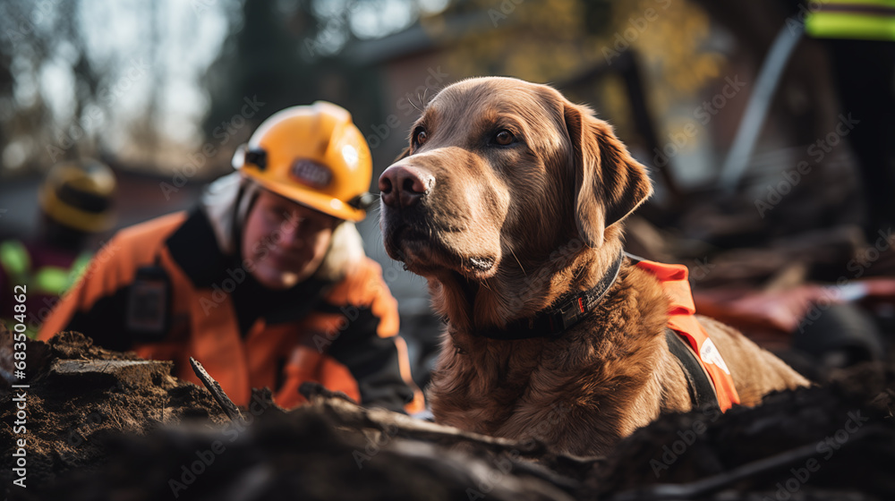 Lab Resque Labrador retriever a Rescue dog in an orange vest and a senior officer ...