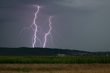 Wall Mural - branched double lightning strike behind a hill in transylvania, romania.