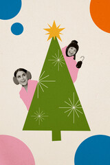 Poster - Photo of funny excited two girls wearing pink jackets hiding new year tree joking collage illustration isolated on drawn background