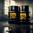 black oil barrels with crude sign spill oil on the floor, industry concept, Generative ai	