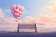 Heart-shaped balloons attached to a park bench in a dreamy pastel sky setting. Whimsical and romantic concept. Suitable for Valentine's Day promotions, posters, or banners