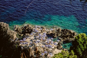 Canvas Print - Aerial view of La Fontelina Beach Club, Capri, Amalfi Coast, Italy.