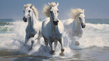 Fototapeta Konie - Hyper realistic White horses galloping on the beach