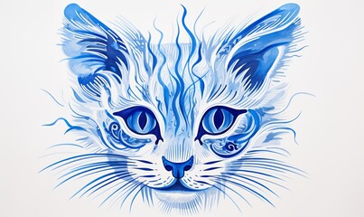 Wall Mural - childrens marker drawing of cat blue pen on white background