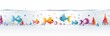 Cute funny colorful page border with fish flying like birds in the sky above pine trees and among bubbles evoking a white landscape with snow, beautiful graphic element for invitation or greeting card