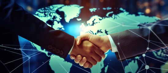 Closeup Businessmen handshake on digital global market graph bar chart diagram background.