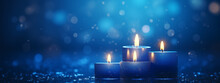 Flaming Candles At Night On Dark Blue Background With Lights. Candles In Christian Church As Catholic Symbol. Abstract Festive Backdrop. Christmas Eve Or Chanukah Banner With Copy Space
