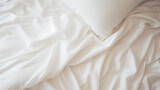 Fototapeta  - Top view of sheets and pillows. White linens. Bed texture. Generated AI