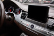 Sport car sensors and computer background, modern car elements close view, car interior