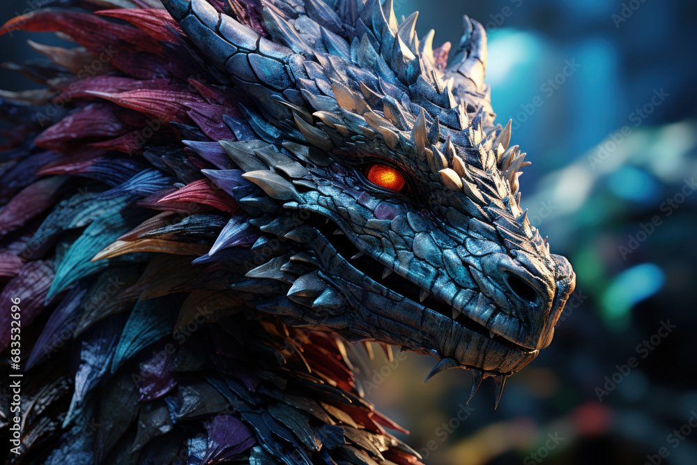 A fierce dragon with iridescent scales and sharp, glistening claws ...