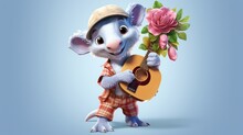 A Cartoon Mouse Holding A Guitar And Flowers