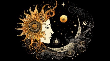 A woman with a sun and moon in her hair