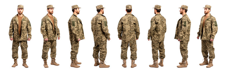 Collage of  bearded man,  middle aged soldier wearing camouflage military uniform isolated on transparent  background. Clipping path