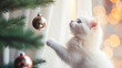 Cute adorable White Christmas kitty Christmas tree postcard banner