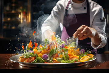 Canvas Print - A chef infusing unique flavors into a dish, creating a culinary masterpiece that tantalizes the taste buds. Concept of gastronomic creativity. Generative Ai.