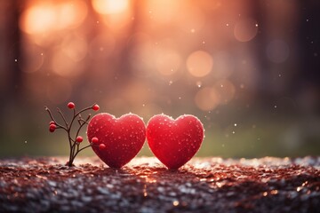 Two red hearts and bokeh background. Valentines day card