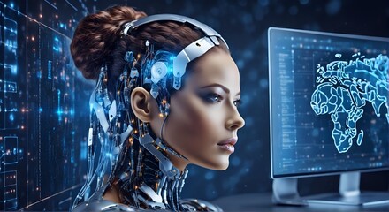 ai artificial intelligence. cyborg woman using ai technology for data analysis, coding computer lang