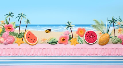 Wall Mural - Tropical beach background with palm trees, seashells, starfish and watermelon
