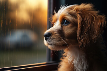 Poster - A puppy's wet nose pressed against a dewy window, gazing at the world outside. Concept of puppy daydreams. Generative Ai.