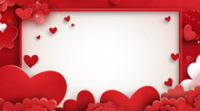 Decorative Card Template. White Background With Red Hearts And Clouds With 3D Texture.