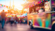 Unfocused Colorful food trucks on fun fair