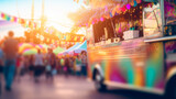 Fototapeta  - Unfocused Colorful food trucks on fun fair
