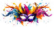 Festive carnival mask with colorful explosion on white background. Colorful splash art masquerade mask with feathers. Vibrant masquerade, feathered and festive. Artistic mask with rainbow feathers