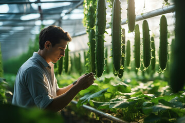 Wall Mural - A person inspecting healthy cucumbers flourishing in a temperature-controlled greenhouse, representing year-round cultivation. Generative Ai.