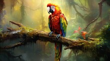 Beautiful Colorful Parrot In The Rain Forest, Wildlife And Nature Concept