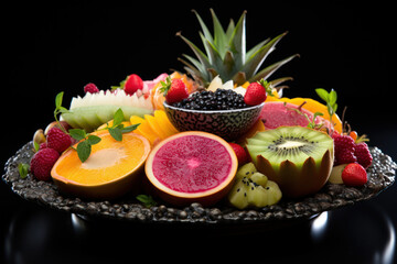 An artistic fruit platter arrangement, combining exotic fruits like dragon fruit, kiwi, and passion fruit. Concept of culinary creativity and gourmet presentations. Generative Ai.