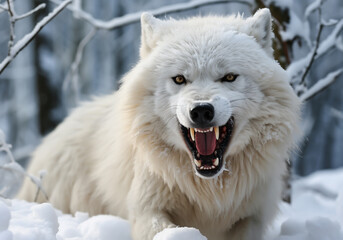 fierce and angry arctic white wolf in winter landscape with falling snow. ai generated