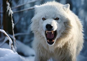 fierce and angry arctic white wolf in winter landscape with falling snow. ai generated