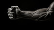 Striking detail of a clenched fist and forearm muscles, showcasing the intricate muscular system with a dark, contrasting backdrop.