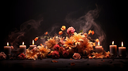 Poster - Burning candles and flowers on black background with space for text. Funeral concept