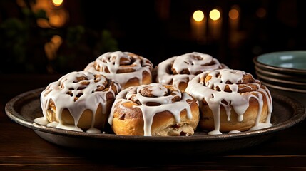 Wall Mural - cinnamon rolls with icing on a plate, stock photography 