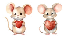 Cute Animal Mouse, Valentine's Day, Watercolor Clipart Illustration With Isolated Background