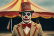 A stern clown in a striped suit and top hat stands before a circus tent, expression intense.