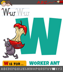 Sticker - letter W from alphabet with cartoon worker ant animal character