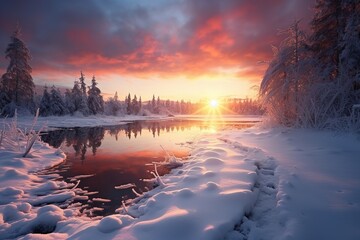 Wall Mural - sunset over the river on a cozy winter snow landscape